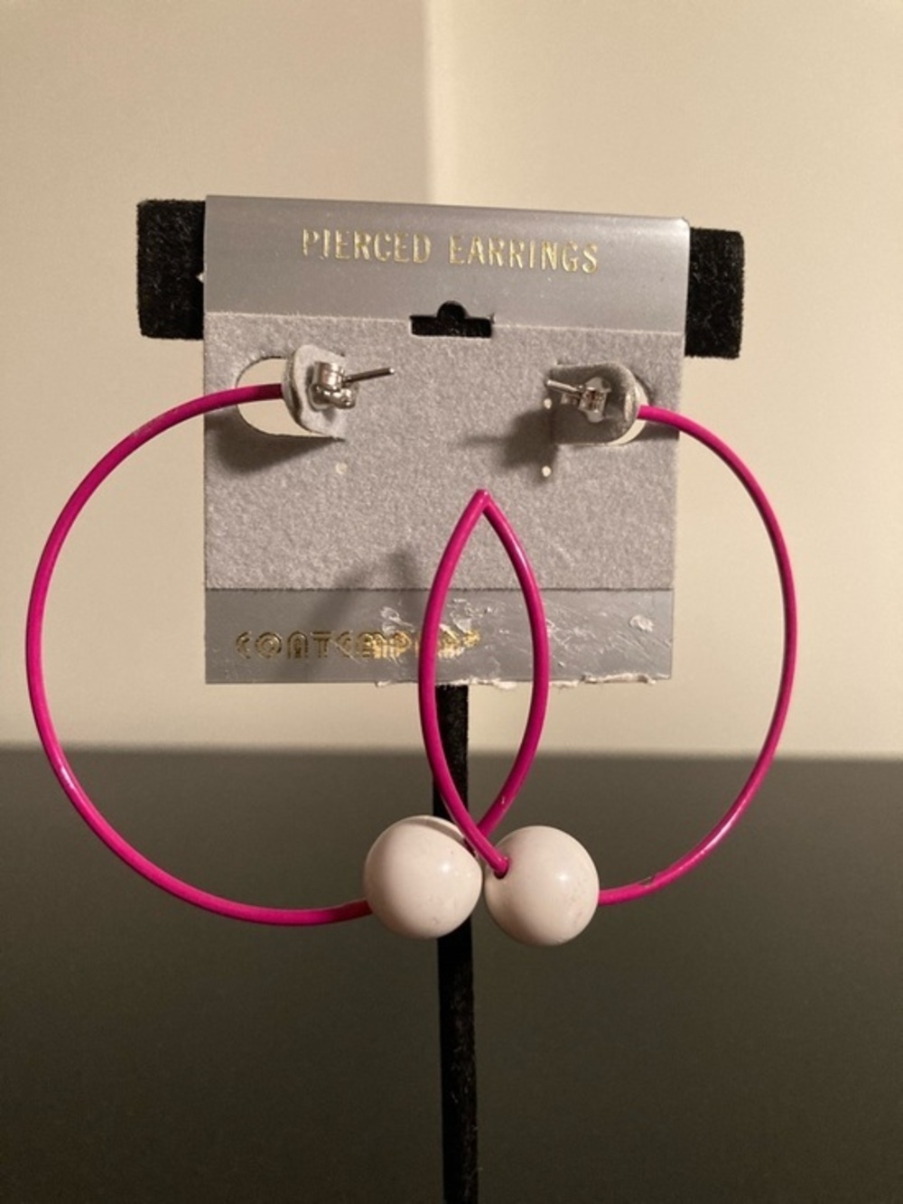 Fuchsia Hoop Earrings with White Bead Detail